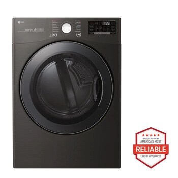 Front view of the 7.4 cu.ft. Smart wi-fi Enabled Electric Dryer with TurboSteam™ - DLEX3900B. Includes a graphic logo that says, Brought to you by America’s Most Reliable Line of Appliances.