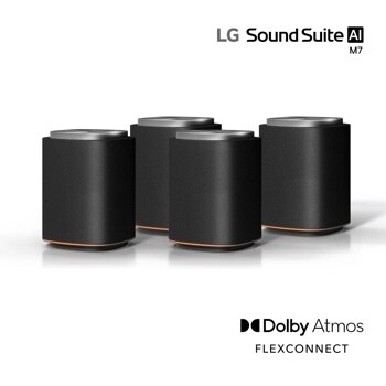 LG Sound Suite AI M7-P4 SoundBar system with four black cylindrical speakers featuring silver tops and copper accent trim with Dolby Atmos FLEXCONNECT