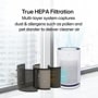 AS601HHB0 Air Purifier infographic showing True HEPA Filtration Multi-layer system captures dust & allergens such as pollen and pet dander to deliver cleaner air