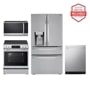 Group shot of an LG Refrigerator, dishwasher, microwave and electric range. "America's Most Reliable Line of Home Appliances" badge.