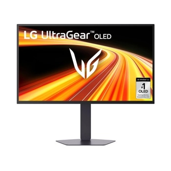 LG 27GX790B-B UltraGear OLED Gaming Monitor displaying dynamic orange light trails with #1 OLED Gaming Monitor Brand badge - Front View1