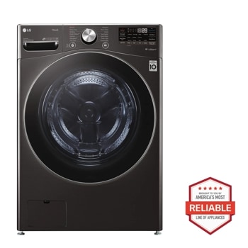 Front view of the 5.0 cu. ft. Mega Capacity  Smart wi-fi Enabled Front Load Washer with TurboWash™ 360° and Built-In Intelligence - WM4200HBA. Includes a graphic logo that says, Brought to you by America's Most Reliable Line of Appliances.
