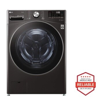 Front view of the 5.0 cu. ft. Mega Capacity  Smart wi-fi Enabled Front Load Washer with TurboWash™ 360° and Built-In Intelligence - WM4200HBA. Includes a graphic logo that says, Brought to you by America’s Most Reliable Line of Appliances.
