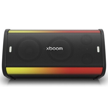 LG xboom STAGE501 Party Speaker with black mesh design and colorful yellow to red light strip across top and bottom - Front View