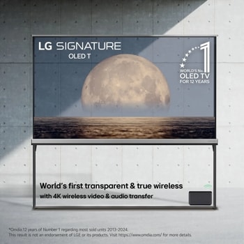 LG SIGNATURE
OLED T
WORLD'S No.
OLED TV
FOR 12 YEARS
World's first transparent & true wireless
with 4K wireless video & audio transfer
*Omdia.12 years of Number 1 regarding most sold units 2013-2024.
This result is not an endorsement of LGE or its products. Visit https://www.omdia.com/ for more details.
LO SIGNATURE