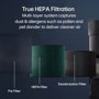 PFSCTA01 True HEPA Filtration infographic showing multi-layer system with Pre Filter, HEPA Filter, and Deodorization Filter that captures dust and allergens such as pollen and pet dander to deliver cleaner air