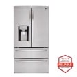 Front view of the 28 cu. ft. 36-Inch Wide French Door Refrigerator - Stainless Steel - LMXS28626S. Includes a graphic logo that says, Brought to you by America’s Most Reliable Line of Appliances.