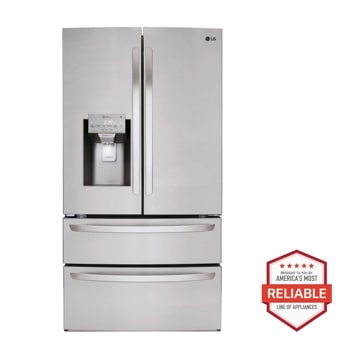 Front view of the 28 cu. ft. 36-Inch Wide French Door Refrigerator - Stainless Steel - LMXS28626S. Includes a graphic logo that says, Brought to you by America’s Most Reliable Line of Appliances.