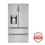Front view of the 28 cu. ft. 36-Inch Wide French Door Refrigerator - Stainless Steel - LMXS28626S. Includes a graphic logo that says, Brought to you by America’s Most Reliable Line of Appliances.