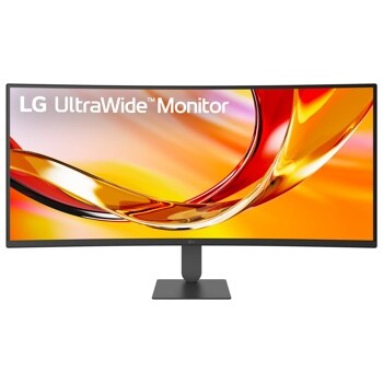 LG 34U640B-B 34-Inch UltraWide Monitor with curved display showing vibrant red and orange graphics on screen - Front View