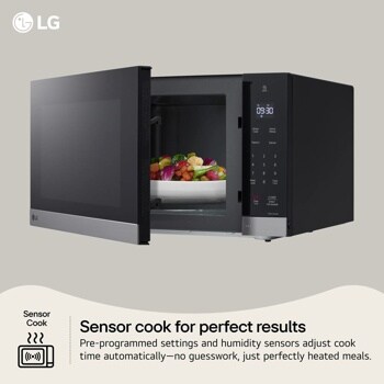 LG MVEL2035Z Over-the-Range Microwave with door open showing colorful vegetables in white bowl and Sensor Cook feature infographic