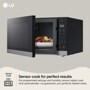 LG MVEL2035Z Over-the-Range Microwave with door open showing colorful vegetables in white bowl and Sensor Cook feature infographic