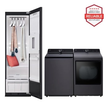 "America's Most Reliable Line of Home Appliances" badge. Black LG Styler and Top Load washer and dryer on white background.1