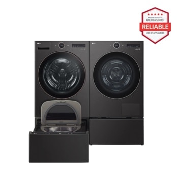 5.0 cu. ft. Front Load Washer and 7.8 cu. ft. Heat Pump Ventless Dryer with pedestal washer and drawer in Black Steel WM6500HBA_DLHC5502B_WD300CB_WDP6B
