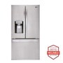 Front view of the 28 cu.ft. Smart wi-fi Enabled French Door Refrigerator - LFXS28968S. Includes a graphic logo that says, Brought to you by America’s Most Reliable Line of Appliances.
