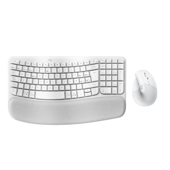 Logitech 920013611 wireless ergonomic keyboard with curved design, wrist rest and matching white wireless mouse