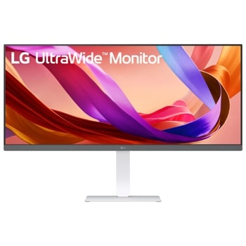 LG 34U530A-W UltraWide Monitor with colorful display and white stand - Front View1