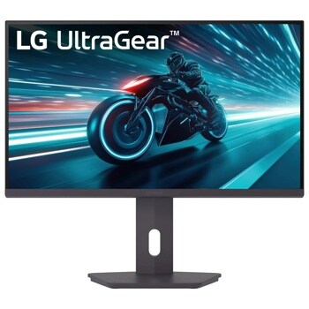 LG 27G61ZB-B 27-Inch UltraGear Gaming Monitor displaying motorcycle racing game with speed motion effects - Front View