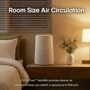 AS301GW10 LG air purifier infographic showing room size air circulation feature in bedroom setting with text Room Size Air Circulation and LG PuriCore AeroMini provides cleaner air where and when you need it, in spaces up to 900 sq ft.