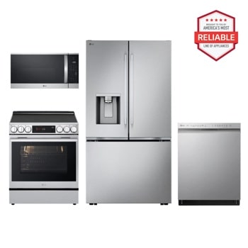 Group shot of an LG Refrigerator, dishwasher, microwave and electric range. "America's Most Reliable Line of Home Appliances" Badge.1