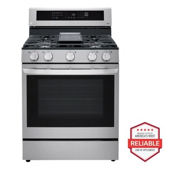 Front view of the 5.8 cu ft. Smart Wi-Fi Enabled True Convection InstaView® Gas Range with Air Fry - LRGL5825F. 