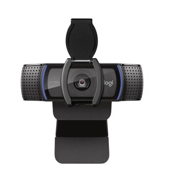 Logitech 960001257 HD 1080p webcam with privacy cover open showing camera lens and built-in microphones with blue accent lighting