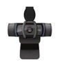 Logitech 960001257 HD 1080p webcam with privacy cover open showing camera lens and built-in microphones with blue accent lighting