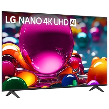 65-Inch LG NANO 4K UHD AI TV 65NU850BAUA displaying vibrant colorful spheres - Side Angle