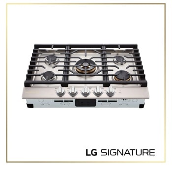 CBGU3039X Gas Cooktop with five burners featuring stainless steel surface, black grates, and control knobs - Top-Down View1