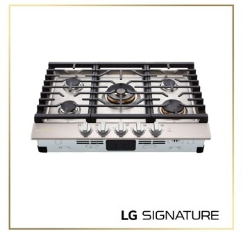 CBGU3039X Gas Cooktop with five burners featuring stainless steel surface, black grates, and control knobs - Top-Down View