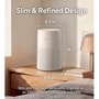 AS301GW10 LG air purifier infographic showing slim and refined design with dimensions 8.5 in width, 14.2 in height, 9.8 in depth on bedroom nightstand