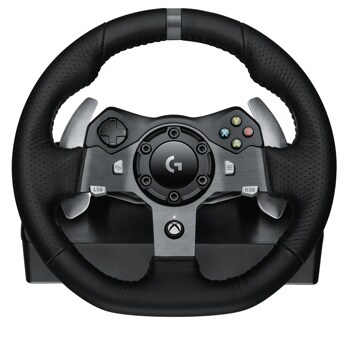 Logitech 941000121 gaming steering wheel with leather grip, metal accents, Xbox controller buttons, and paddle shifters - Front View