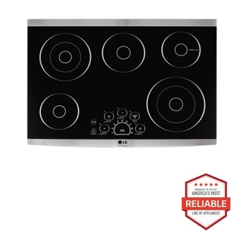 Front view of the LG STUDIO 30" Electric Cooktop - LSCE305ST. Includes a graphic logo that says, Brought to you by America's Most Reliable Line of Appliances.1