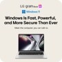 14U40V-G.AR51U3 LG gram Book AI laptop with Windows 11 infographic highlighting fast powerful and secure performance with AI features