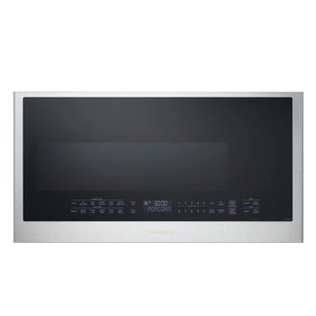 MHEU1738X Over-the-Range Microwave with stainless steel frame and digital control panel displaying popcorn setting - Front View