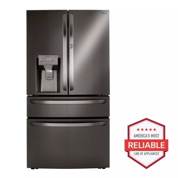 Front view of the 23 cu. ft. Smart Counter-Depth Refrigerator with Craft Ice™ - LRMDC2306D. Includes a graphic logo that says, Brought to you by America’s Most Reliable Line of Appliances.