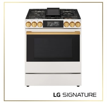 LG LSGU6338N SIGNATURE Range with white finish and gold knobs - Front View1