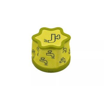 ADQ74774002 vacuum filter with bright yellow star-shaped top and green border featuring water faucet illustrations on sides