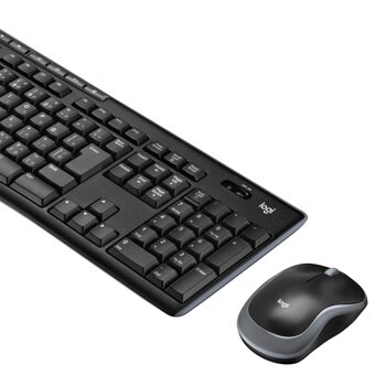 Logitech 920004536 wireless keyboard and mouse combo featuring black keyboard with full layout and compact black mouse with silver trim