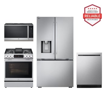 24 cu. ft. Counter-Depth MAX™ with Zero Clearance™ Thin Door Design and Exterior Water Dispenser French Door Refrigerator with Slide-in Gas Range, Top Control Dishwasher and Microwave Kitchen Package in Stainless Steel LF24Z6530S_LSGL6335X_MVEL2125X_LDNPM654S1