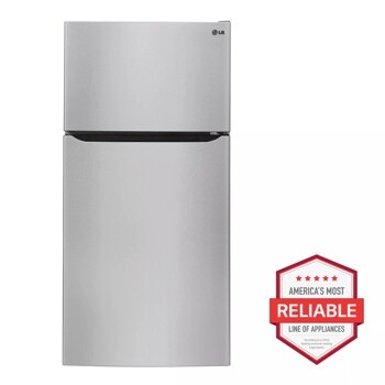 Front view of the 24 cu. ft. Top Freezer Refrigerator - LTWS24223S. Includes a graphic logo that says, Brought to you by America’s Most Reliable Line of Appliances.