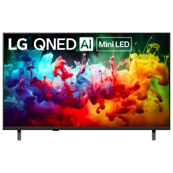 43-Inch LG QNED AI Mini LED 4K TV 43QNED75BUA displaying vibrant colorful ink swirls in blue, red, yellow and green - Front View