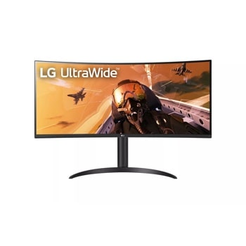 LG 34WP75C-B UltraWide Monitor displaying gaming content on curved screen with adjustable stand - Front View1
