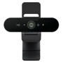 Logitech 960001105 webcam with adjustable mounting clip showing camera lens and microphones - Front View