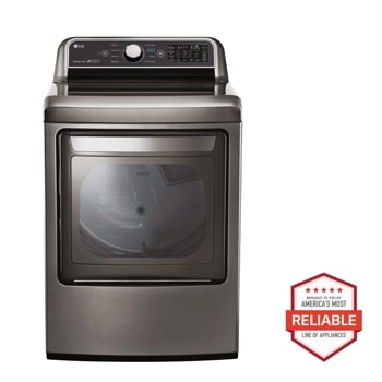 Front view of the 7.3 cu. ft. Ultra Large Capacity Smart wi-fi Enabled Gas Dryer with Sensor Dry Technology - DLG7301VE. Includes a graphic logo that says, Brought to you by America's Most Reliable Line of Appliances.
1