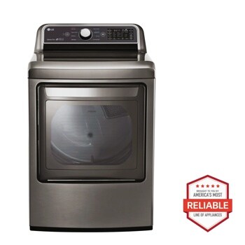Front view of the 7.3 cu. ft. Ultra Large Capacity Smart wi-fi Enabled Gas Dryer with Sensor Dry Technology - DLG7301VE. Includes a graphic logo that says, Brought to you by America’s Most Reliable Line of Appliances.
