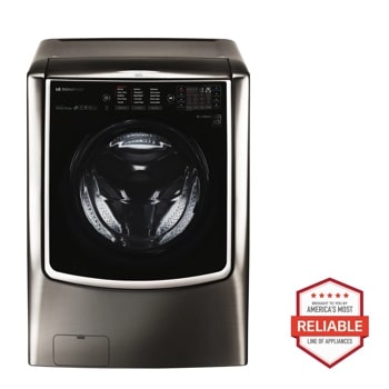 Front view of the LG SIGNATURE 5.8 cu. ft. Large Smart wi-fi Enabled Front Load Washer - WM9500HKA. Includes a graphic logo that says, Brought to you by America’s Most Reliable Line of Appliances.
