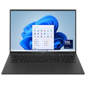 LG Gram 17Z90RU-G.AAB2U1 Laptop with Intel Core Ultra processor displaying Windows start menu on screen - Front View