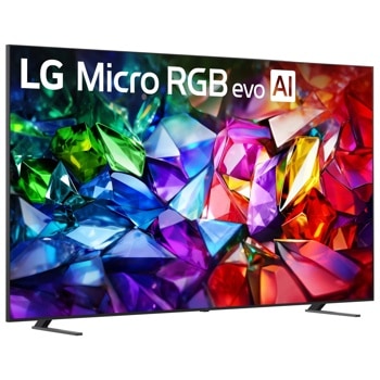 LG Micro RGB evo AI 4K QNED TV 100MRGB95BU displaying vibrant colorful crystal-like imagery with rich blues, greens, purples and reds - Side Angle