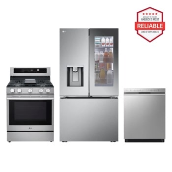 26 cu. ft. Counter-Depth Instaview French Door Refrigerator with Freestanding Gas Range and Front Control Dishwasher Kitchen Package in Stainless Steel  LRYKC2606S_LRGN6325X_LDFN4542S1